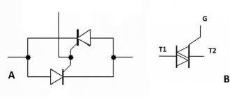 A circuit with two thyristors, as an equivalent of a triac, and its conventional graphic designation